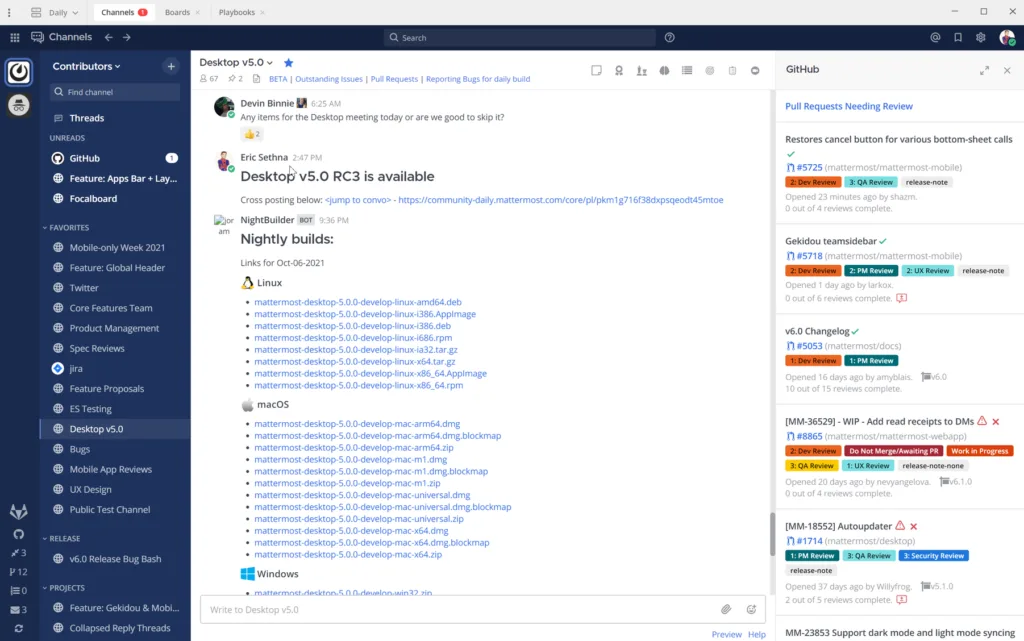 A chat channel in the Mattermost app showing the GitHub plugin notifications in the right-hand sidebar.