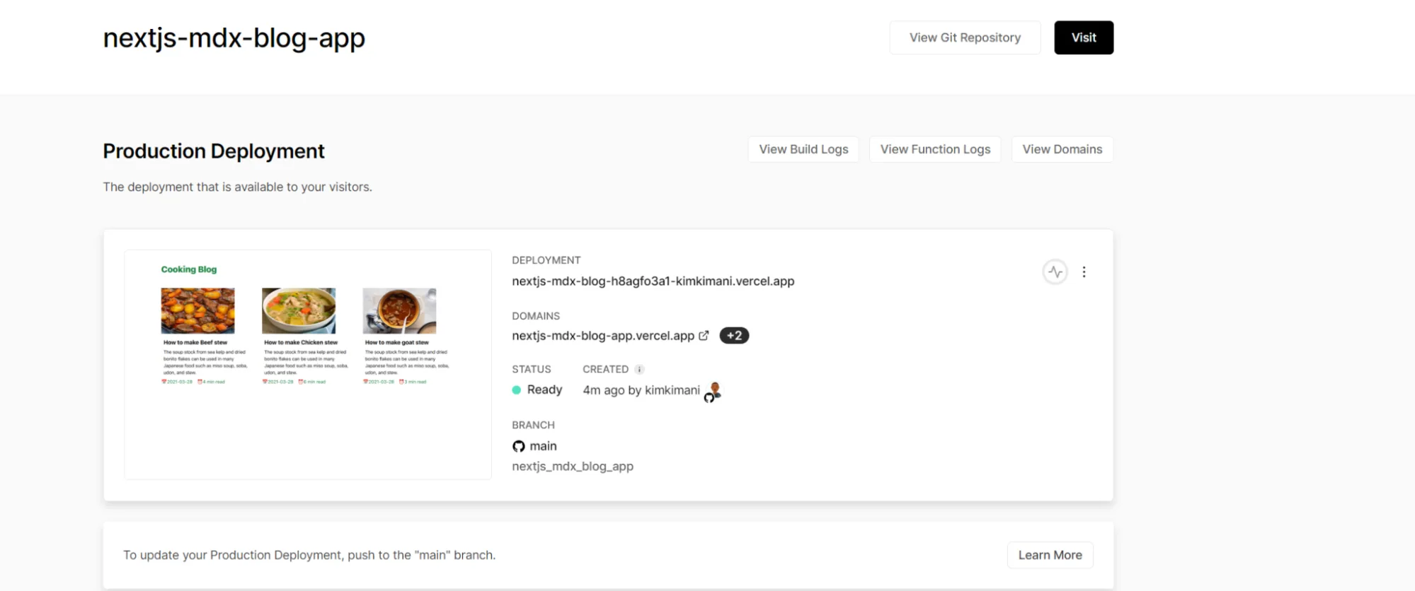 Access your Next.js blog from Vercel dashboard
