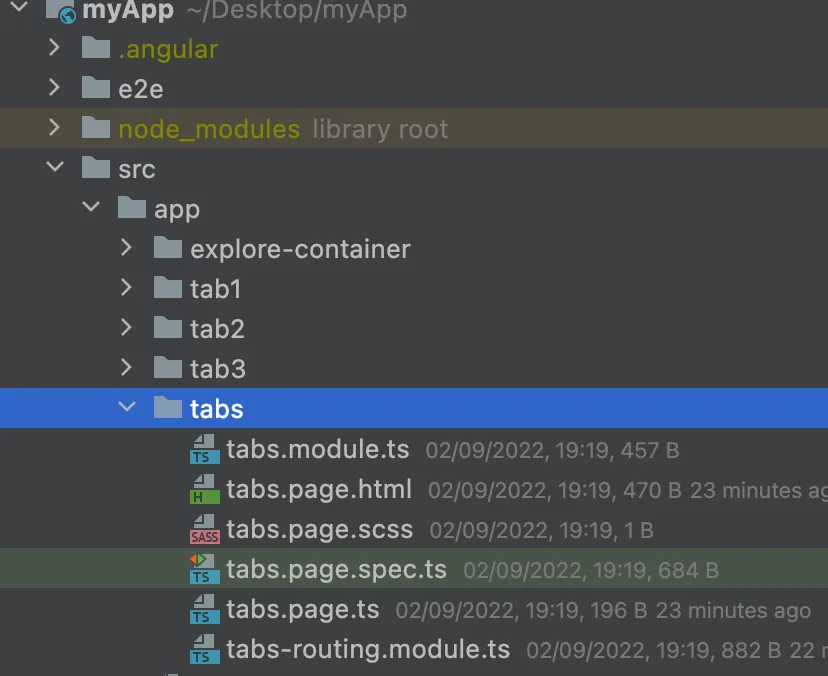 tabs folder found in the src/app folder