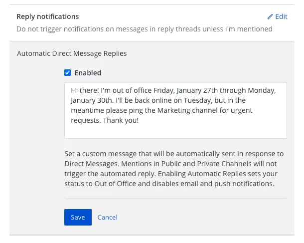 vacation responder in mattermost