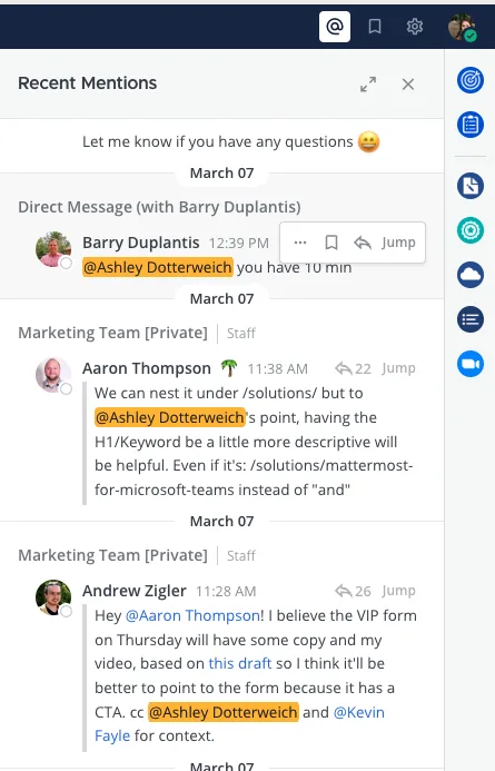 view recent mentions in Mattermost