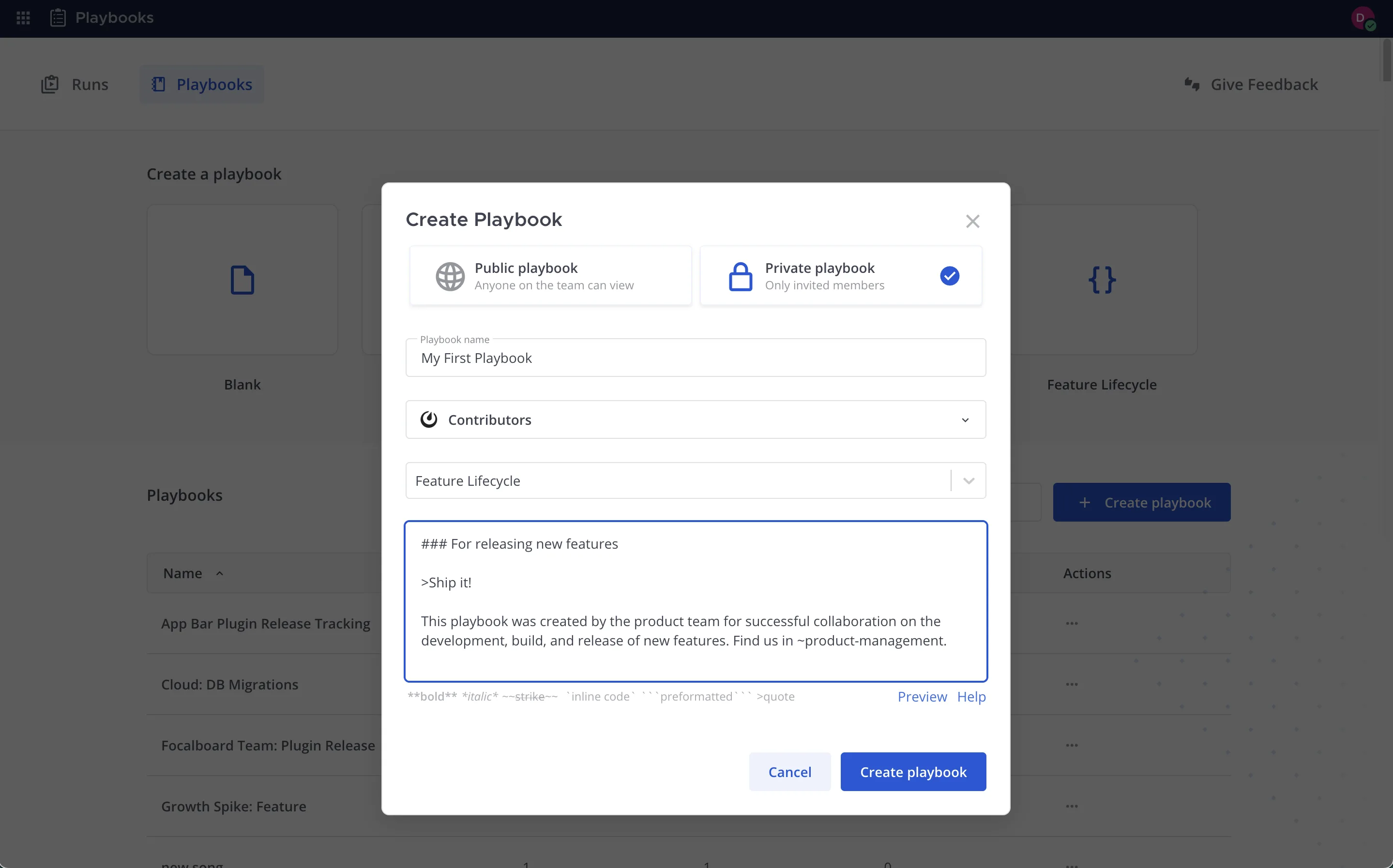 Create Playbook modal showing public and private options, title, team, template and description fields