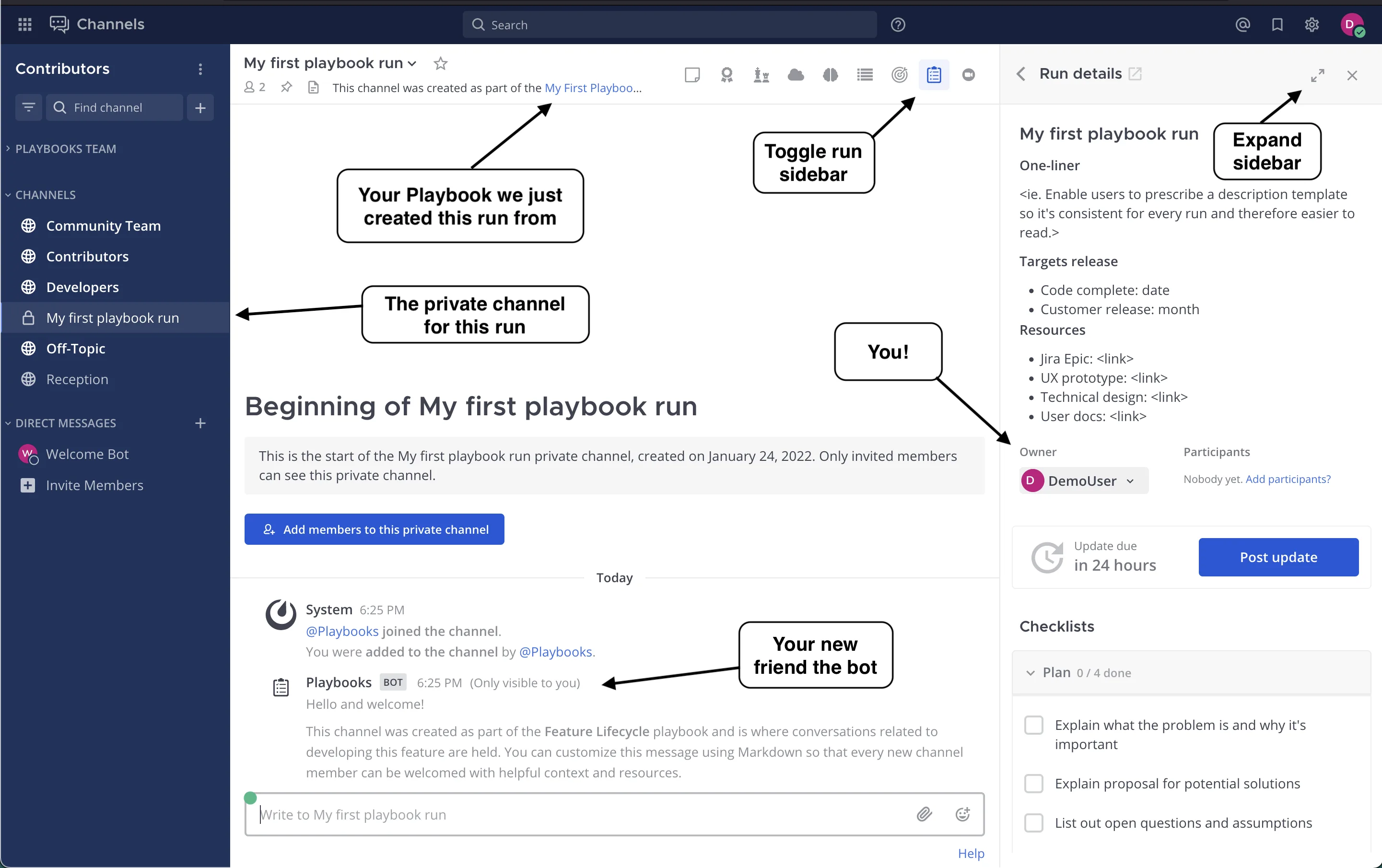 Labeled view of integrated checklist and channel for a playbook run.