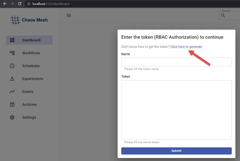 enter authentication token in Chaos Mesh dashboard