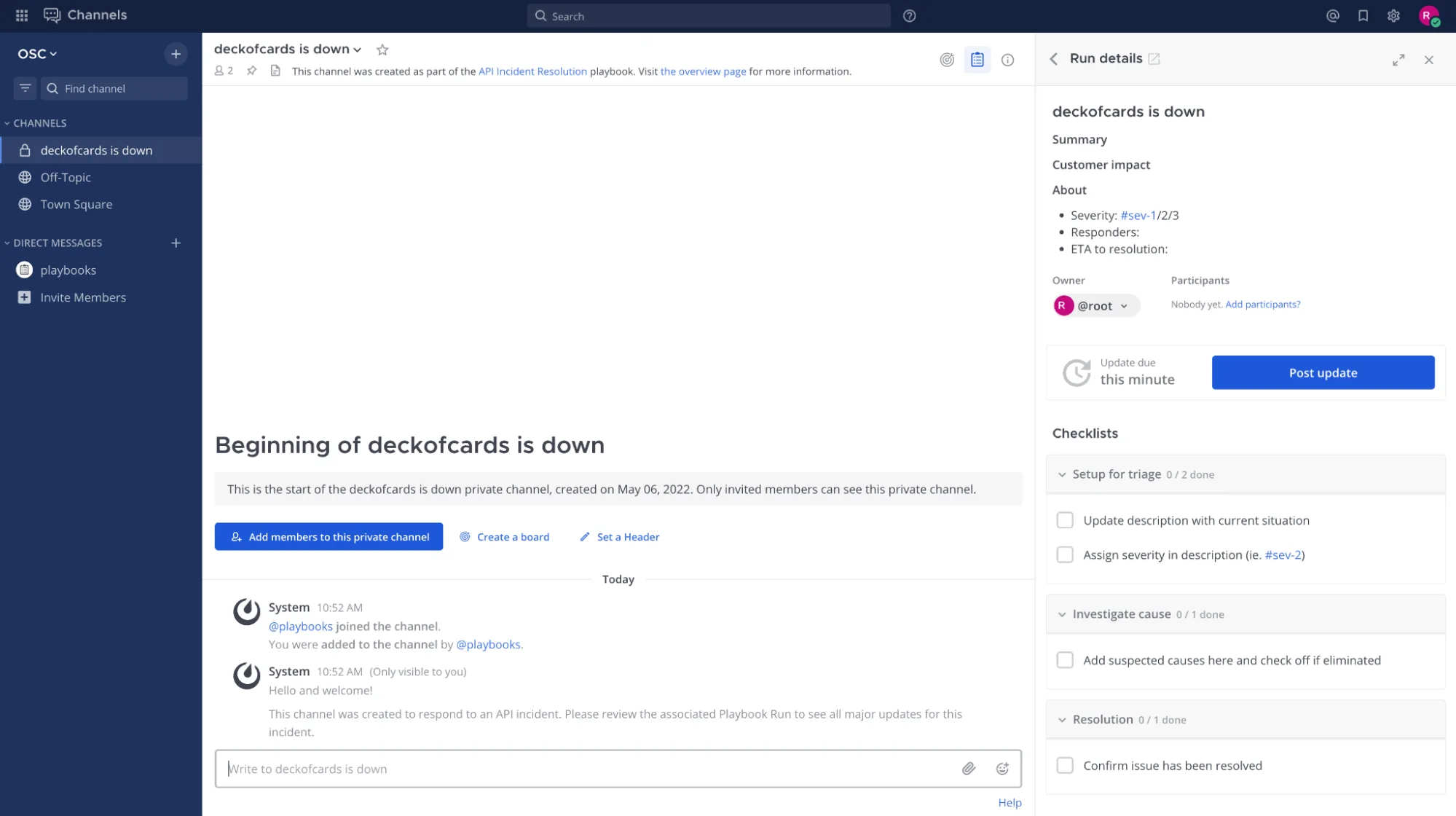 incident resolution playbook in Mattermost