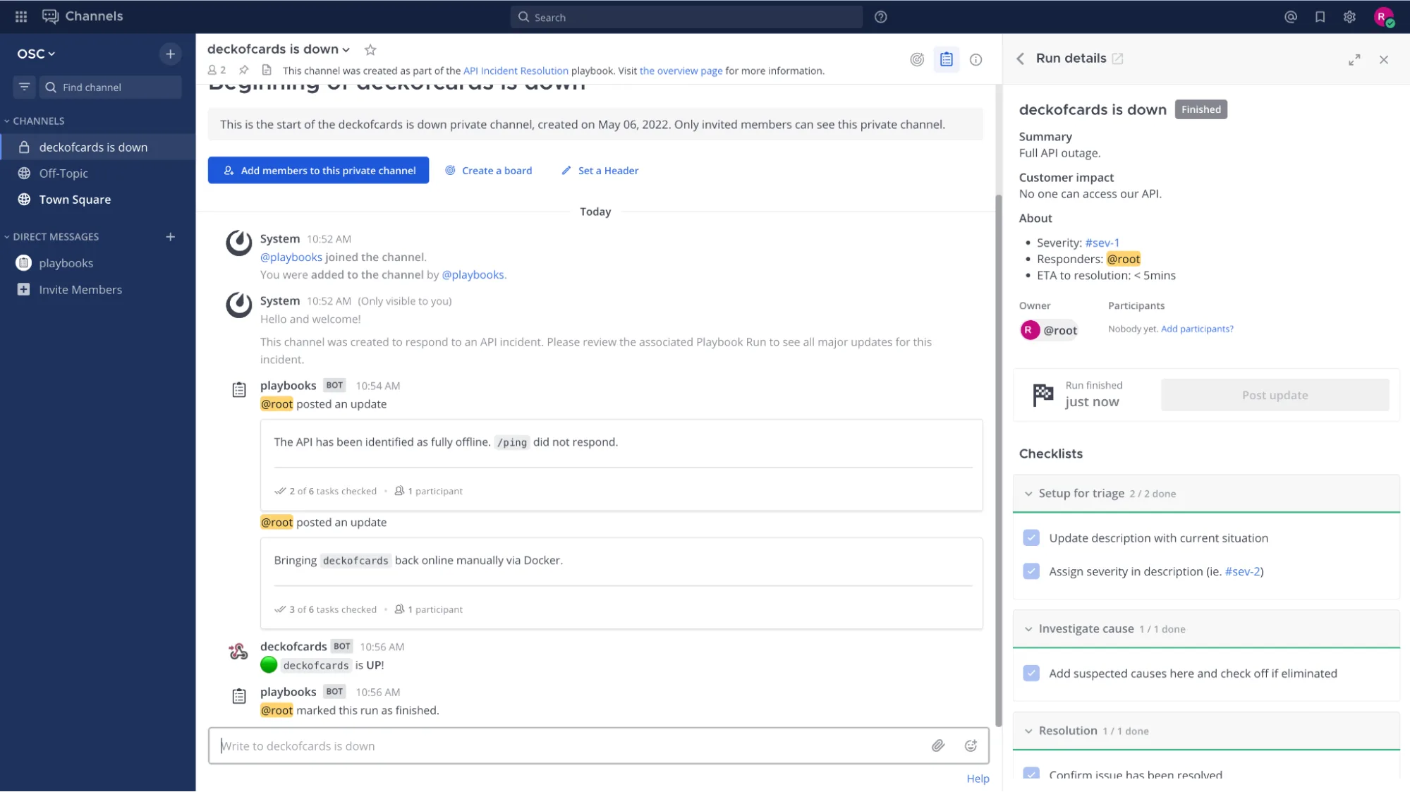 incident resolution in Mattermost; all steps complete