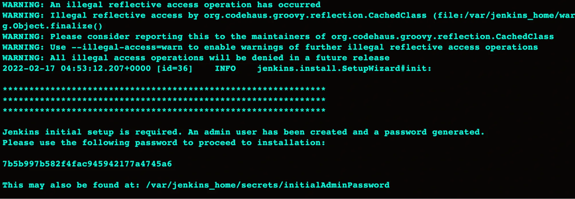 setting up jenkins with docker password in logs
