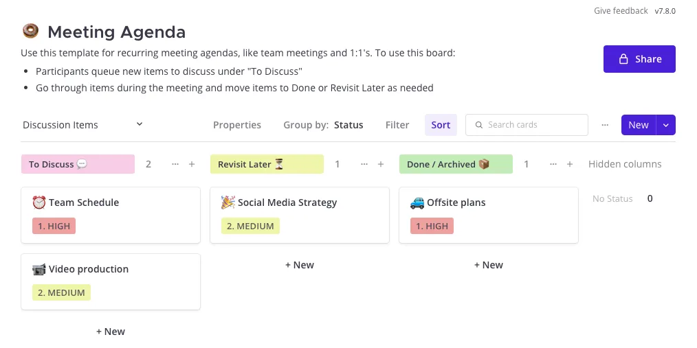 meeting agenda template in Mattermost Boards