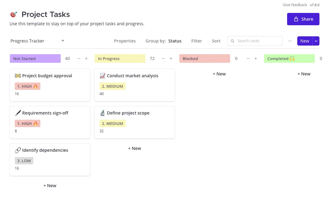 project tasks template for project management