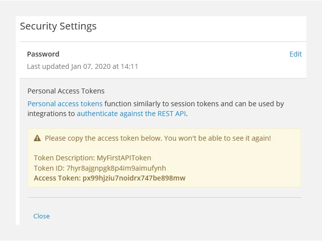 Copy your token to start using the Mattermost API
