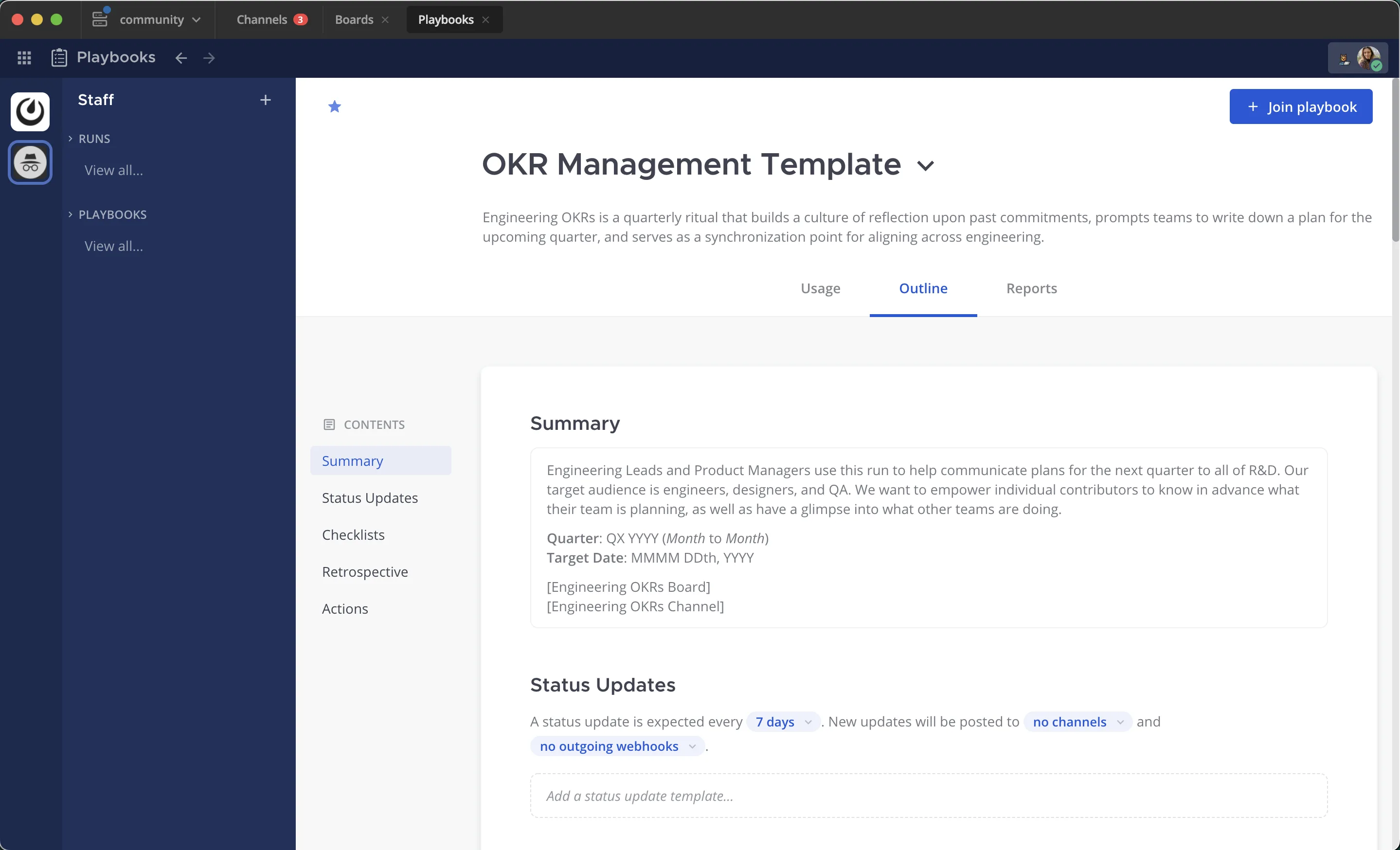 Screenshot from inside Mattermost Playbooks of an imported OKR Management runbook template