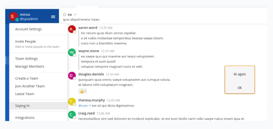 Mattermost web app Main Menu