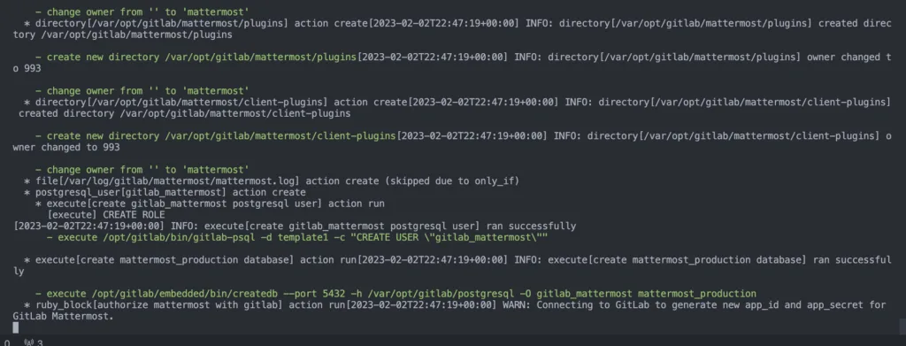Terminal showing the GitLab Omnibus output during Mattermost initialization