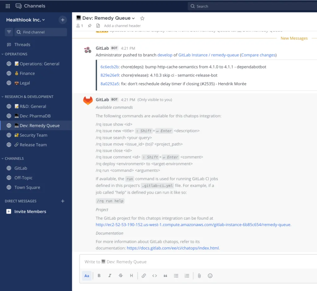 Help message output from GitLab plugin on Mattermost