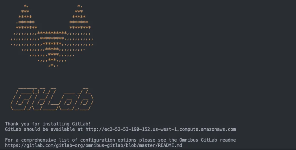 Terminal showing a new GitLab installation