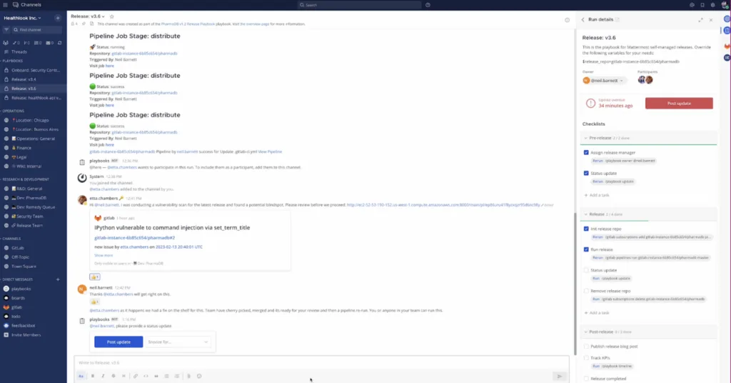 Mattermost channel and release playbook checklist screen showing GitLab plugin