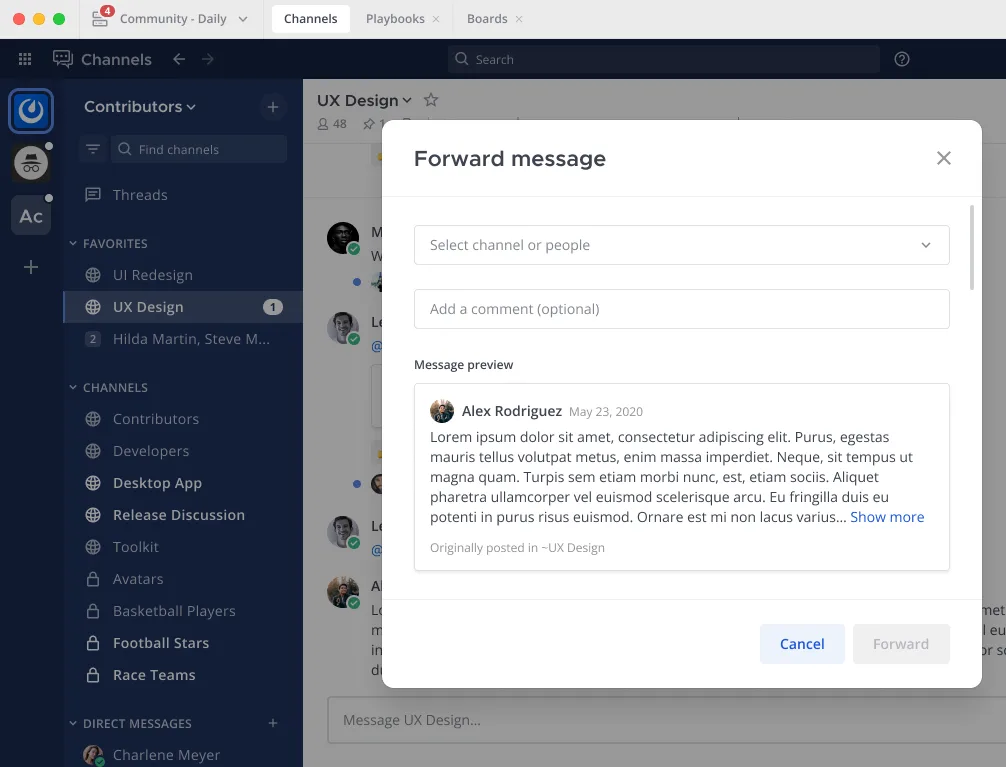 Message forwarding in Mattermost v7.2
