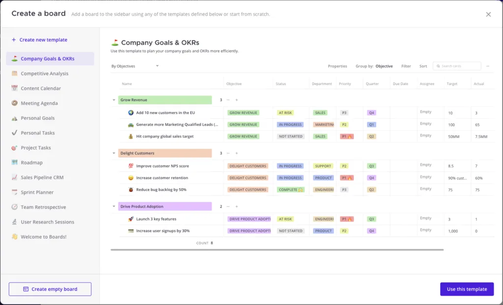 Mattermost Boards template picker