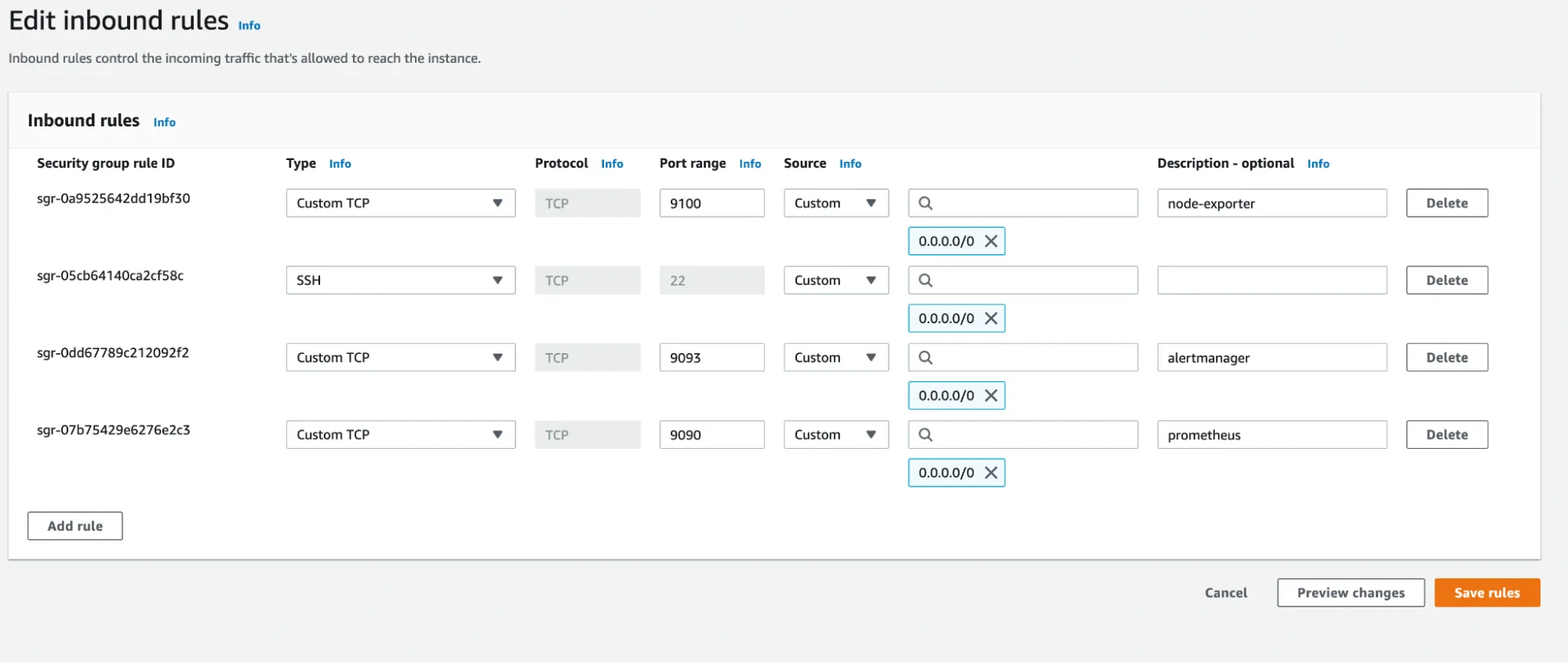 open ports for Prometheus and more