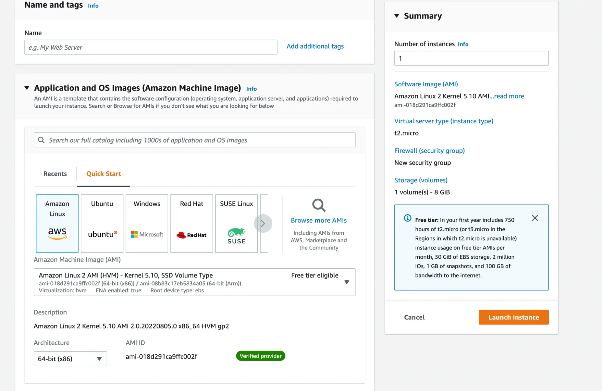 AWS Console Amazon
Linux 2 instance