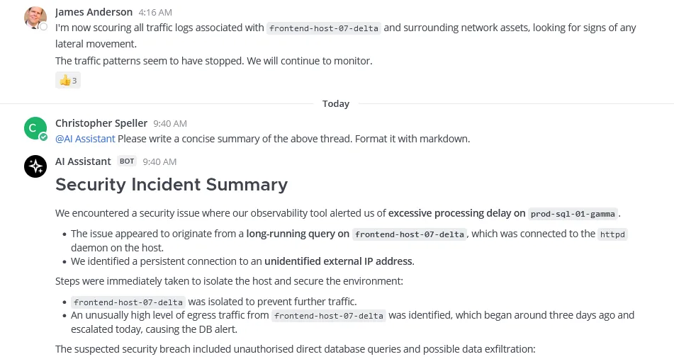 Use the "Summarize Thread" menu option, the /summarize command, or simply ask the AI bot directly to get an AI-generated summary of the thread in a message.