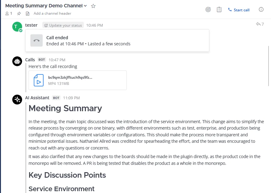 Create meeting summaries! Designed to work with the Mattermost Calls plugin recording feature.