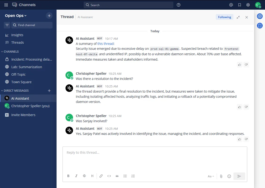Users can ask follow-up questions to discussion summaries generated by AI bots to learn more about the underlying information without reviewing the raw input.