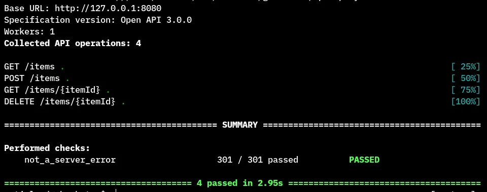 Schemathesis success output following a basic test