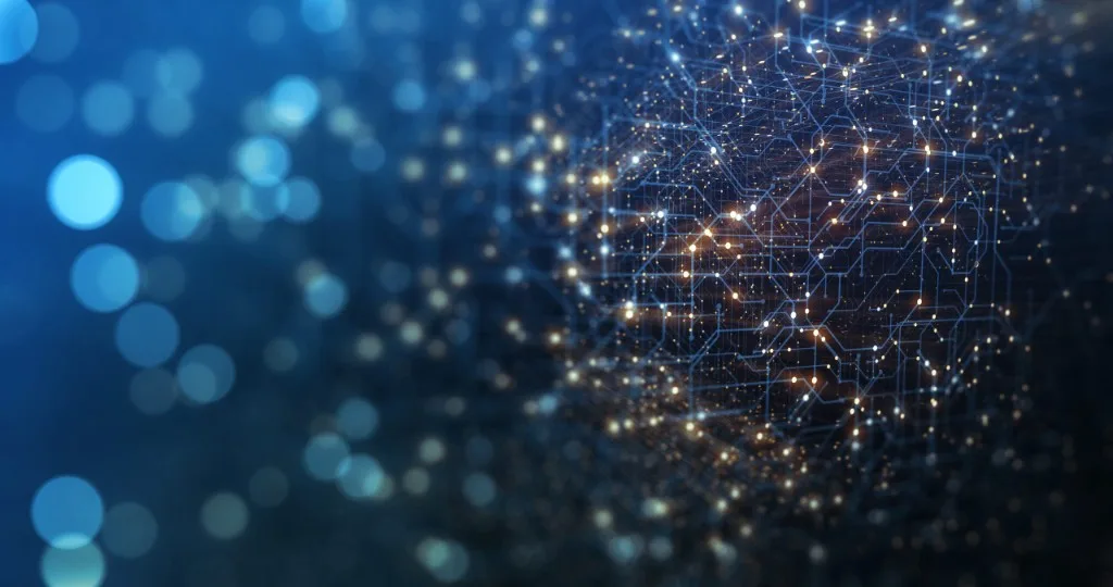 Abstract network of glowing nodes and circuit-like connections