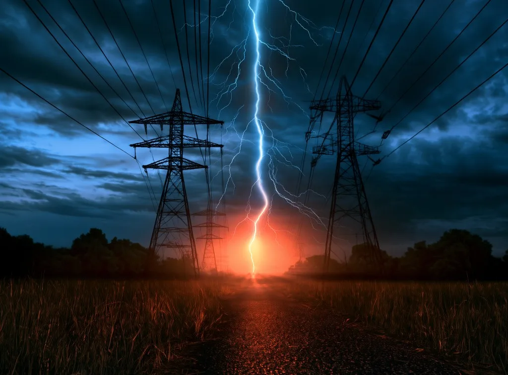 Lightning striking between power transmission towers along a road at dusk