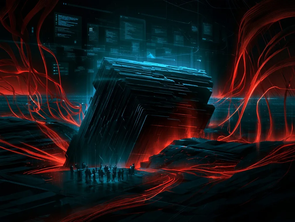 A tilted stack of dark server blades glowing cyan, ringed by red tendrils, with a small group of people gathered at its base