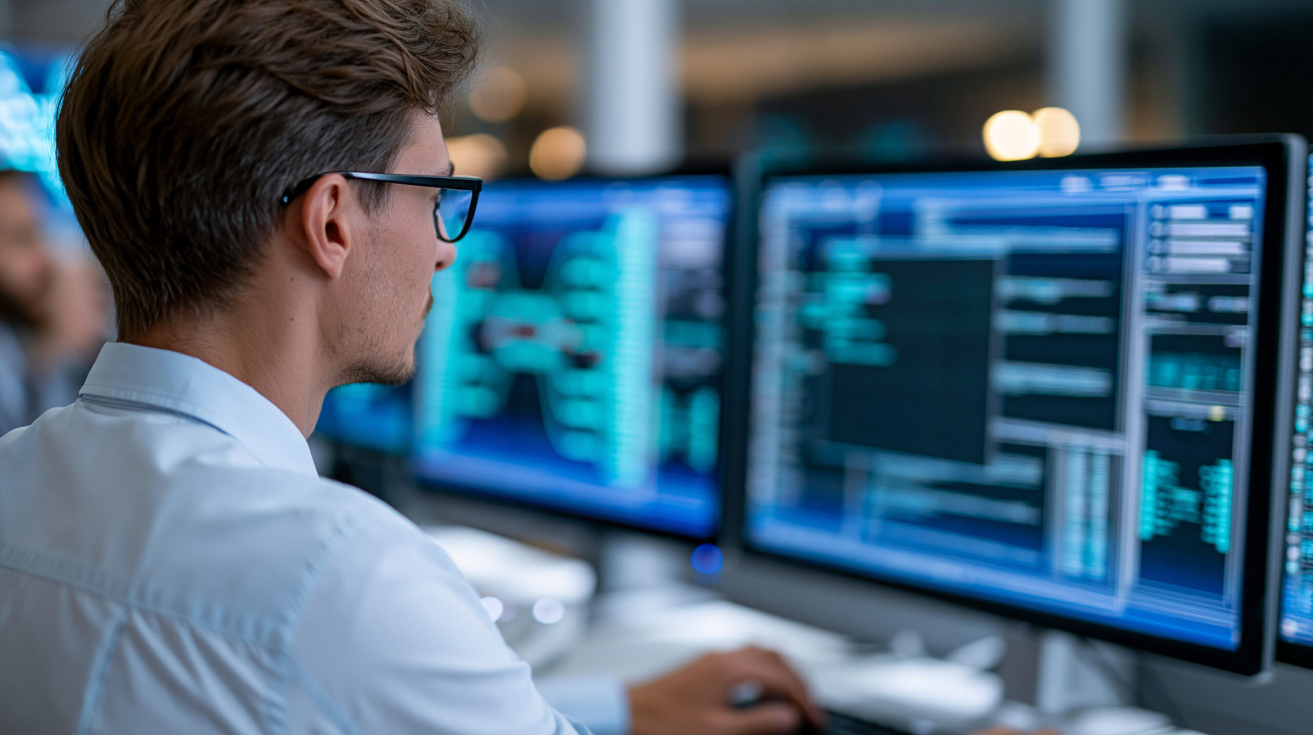 Analyst coordinating daily cyber operations at a workstation