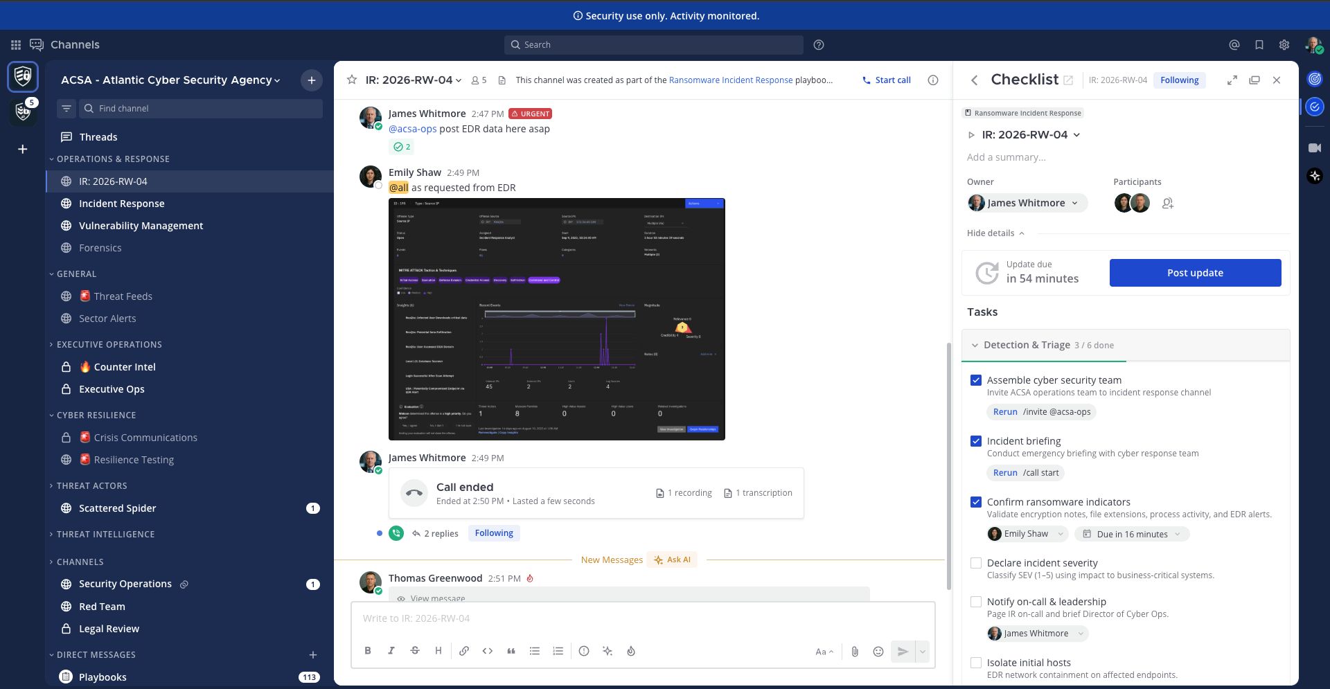 Mattermost desktop workspace used for operational coordination