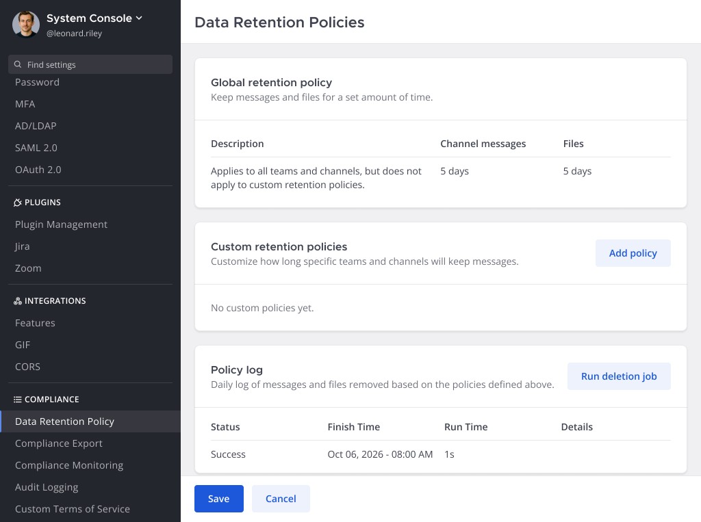 Mattermost system console data retention policies with a five-day global policy