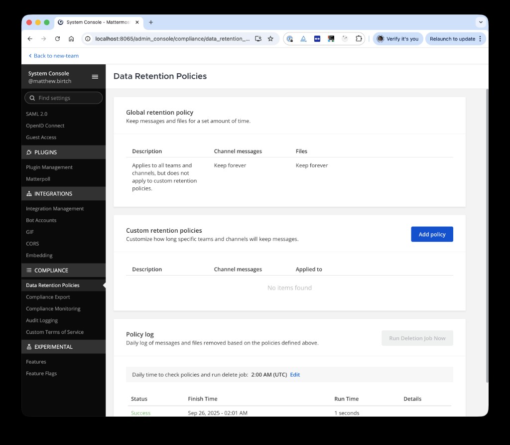 Mattermost system console data retention policies
