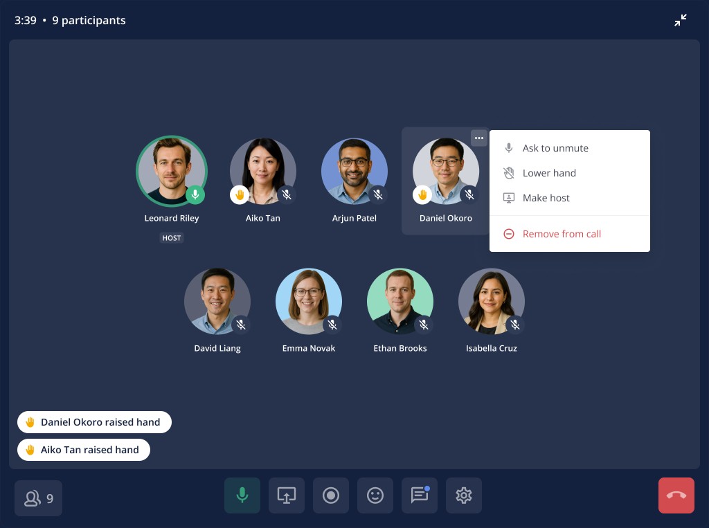 Mattermost call with nine participants, two raised hands, and host controls
