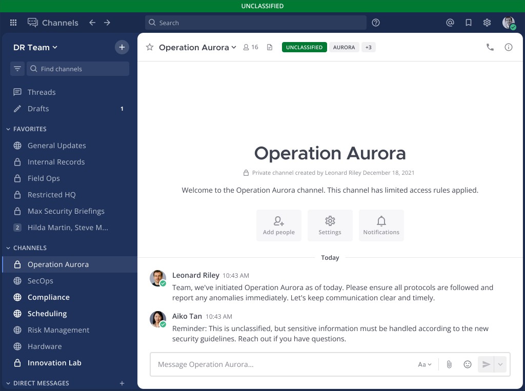 Mattermost Operation Aurora channel with an unclassified banner and limited access rules