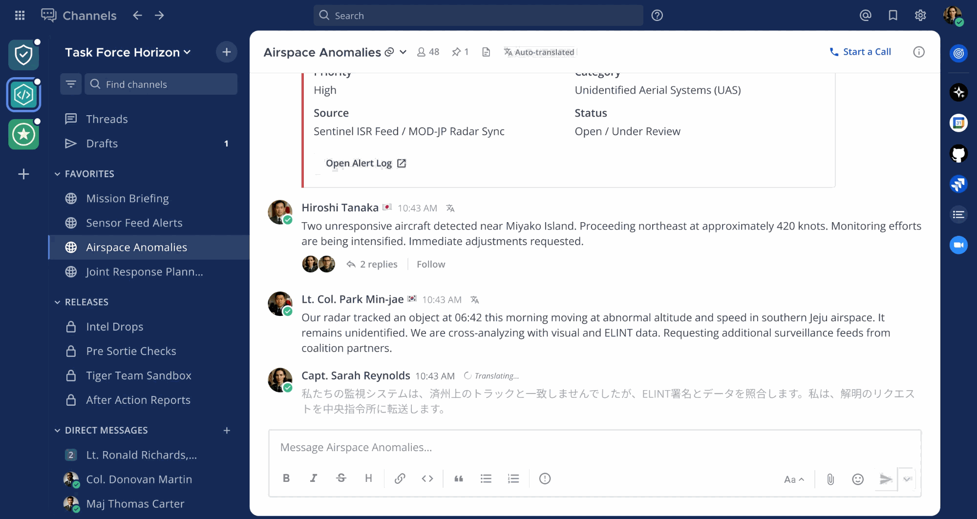 Mattermost channel with a message auto-translated between English and Japanese