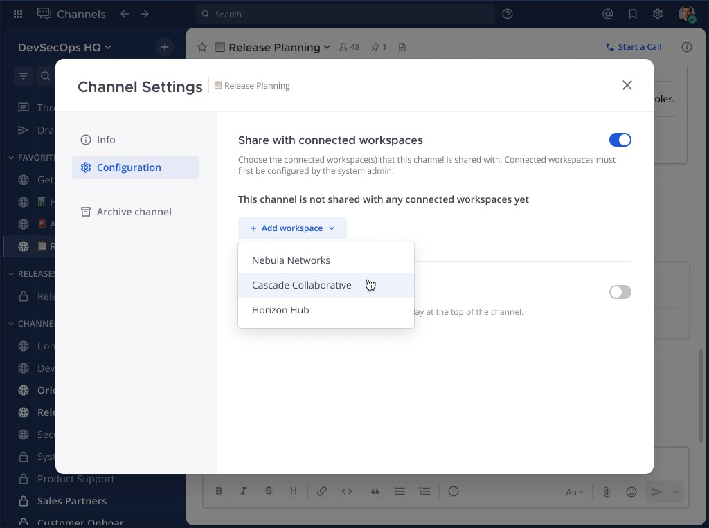 Mattermost channel settings sharing Release Planning with a connected workspace