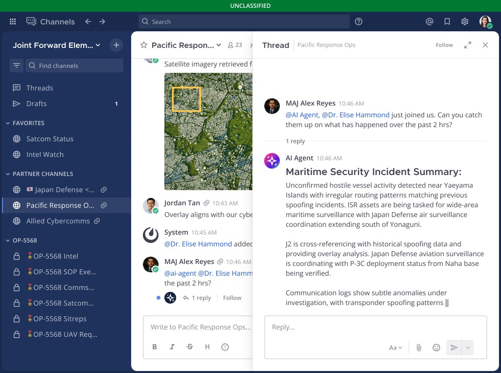Mattermost Pacific Response Ops thread where an AI agent summarizes a maritime security incident