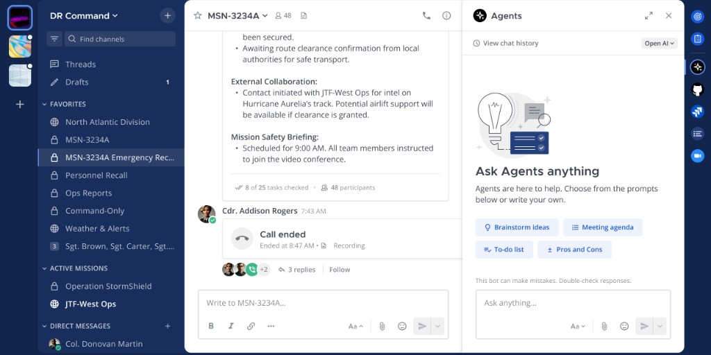 Mattermost Agents panel open beside an operations channel