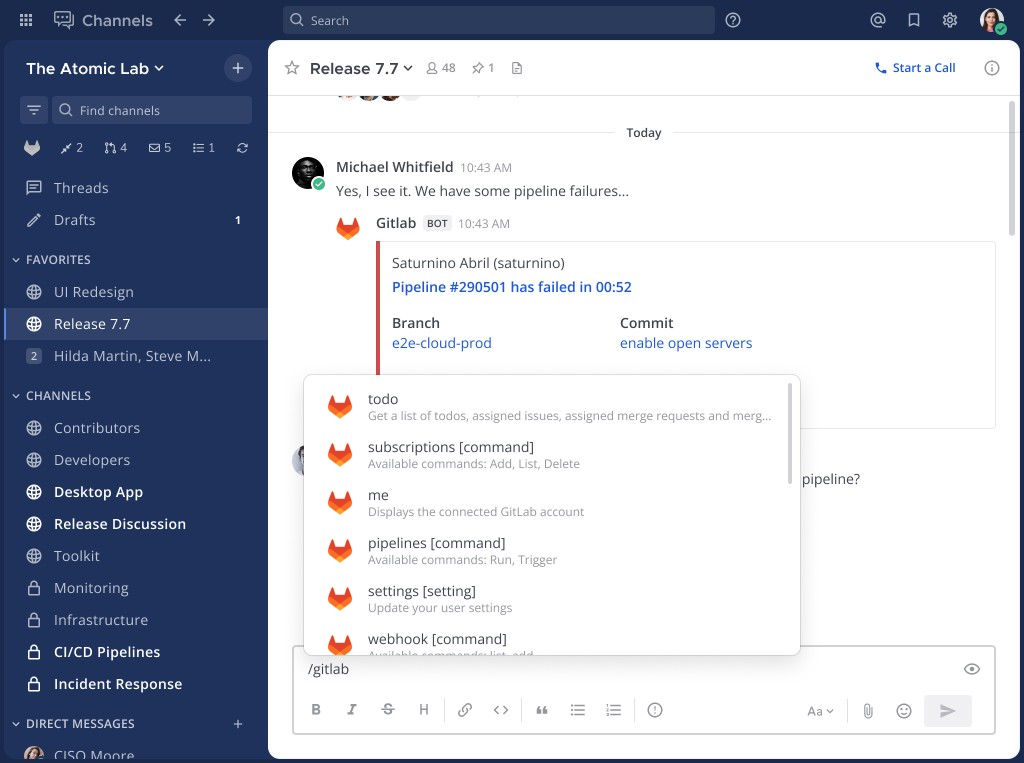 Mattermost channel with a GitLab bot pipeline failure and slash-command menu