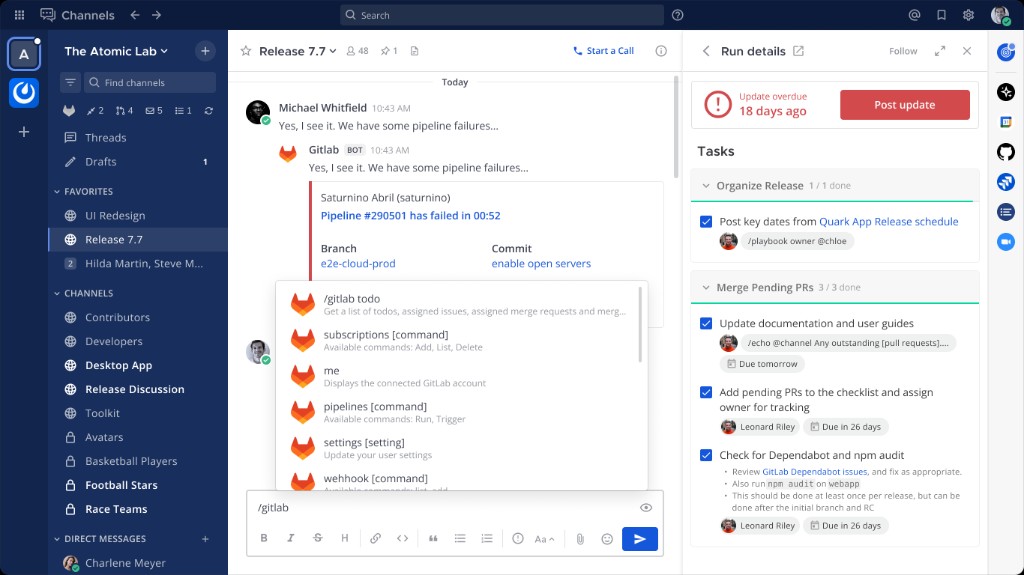 Mattermost channel with GitLab slash commands and a release checklist