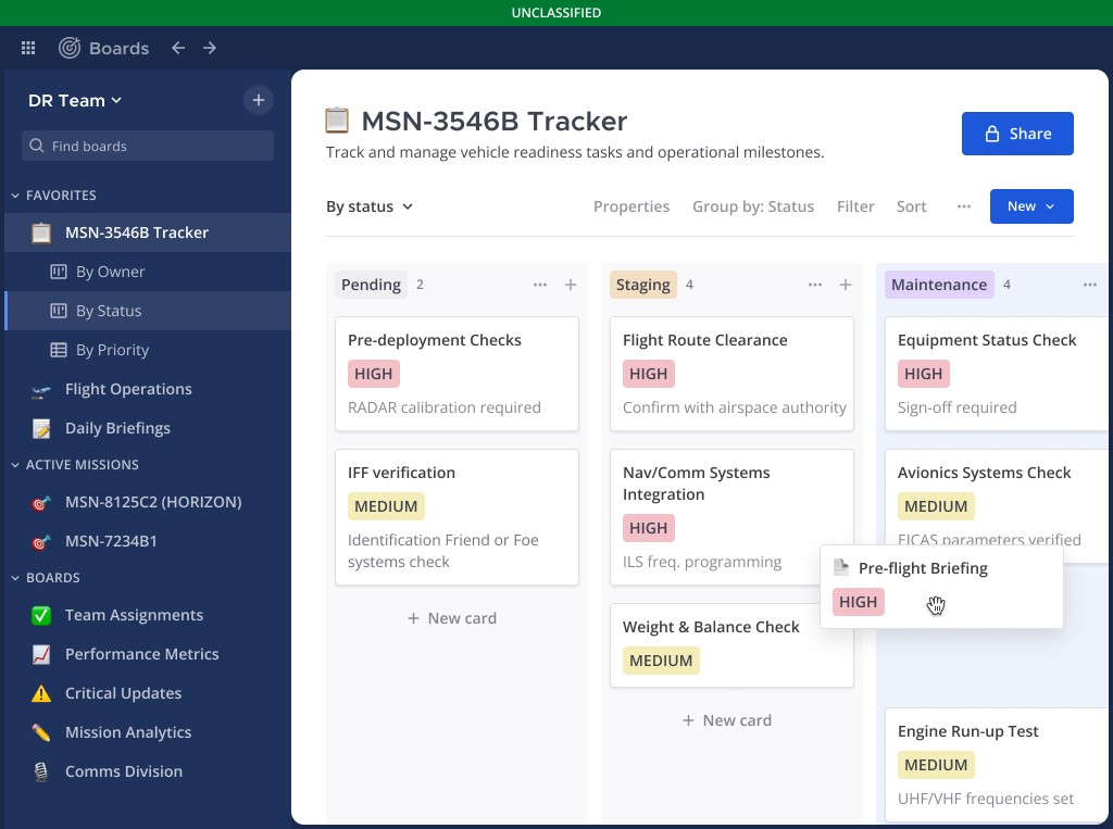 Mattermost Boards tracker for mission MSN-3546B with pending, staging, and maintenance columns