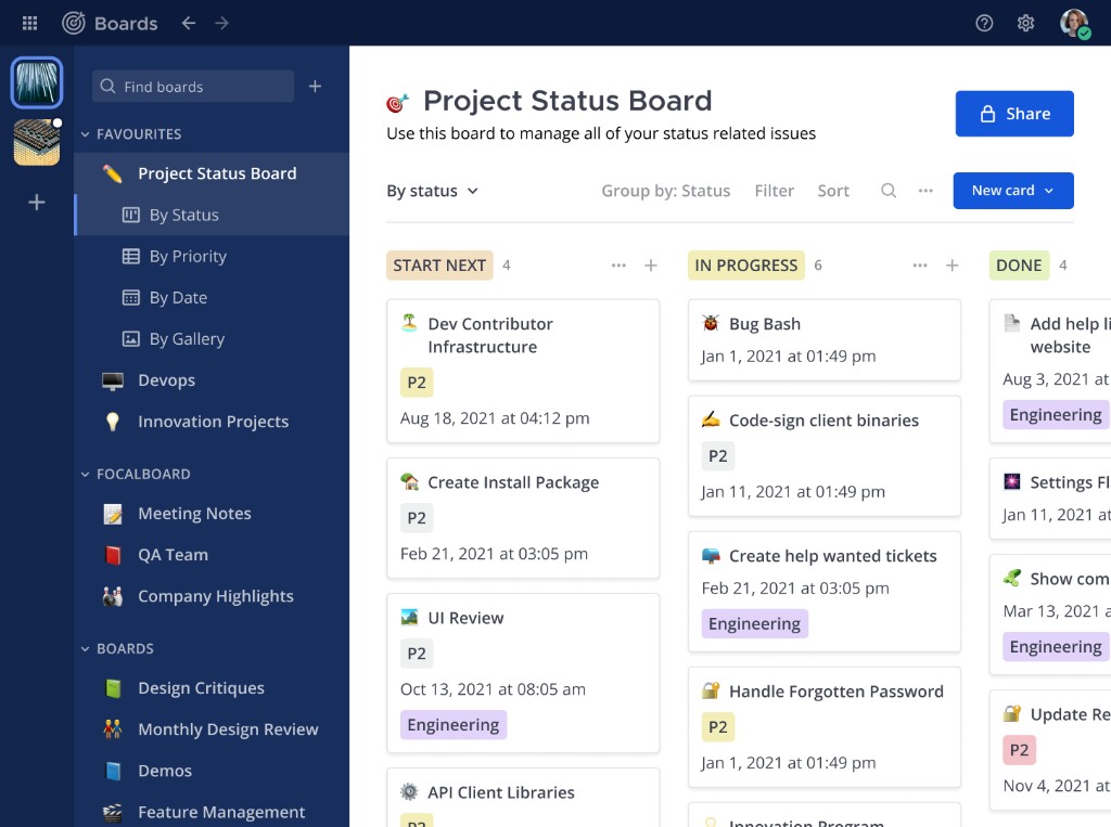 Mattermost Boards project status board with start next, in progress, and done columns