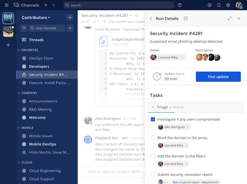Mattermost playbook run for Security Incident 4281 with a triage checklist