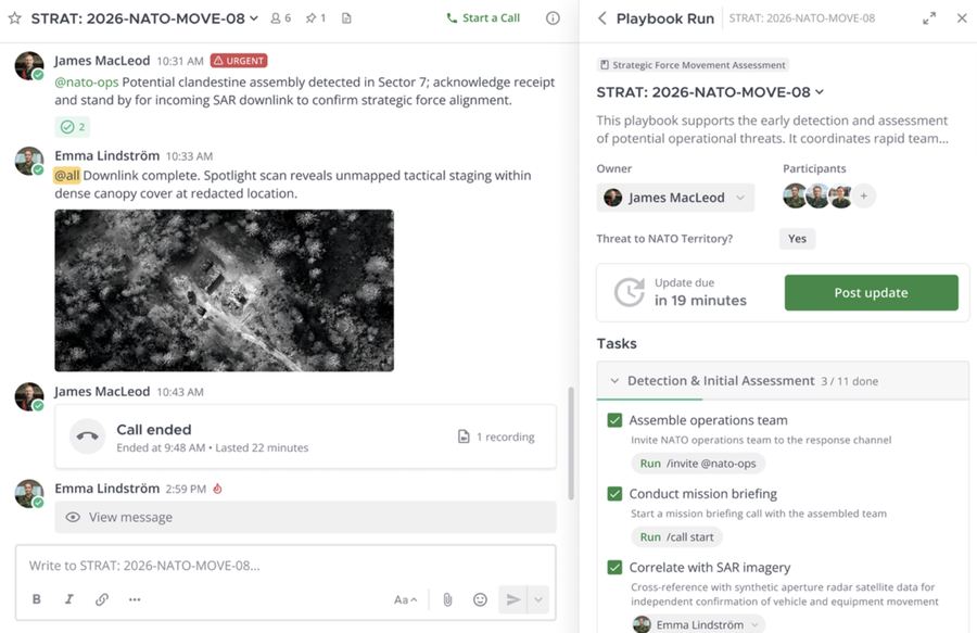 Mattermost channel and playbook coordinating a strategic force movement assessment
