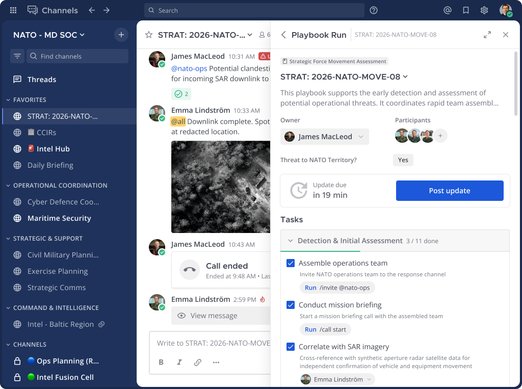 Mattermost channel and playbook coordinating a strategic force movement assessment