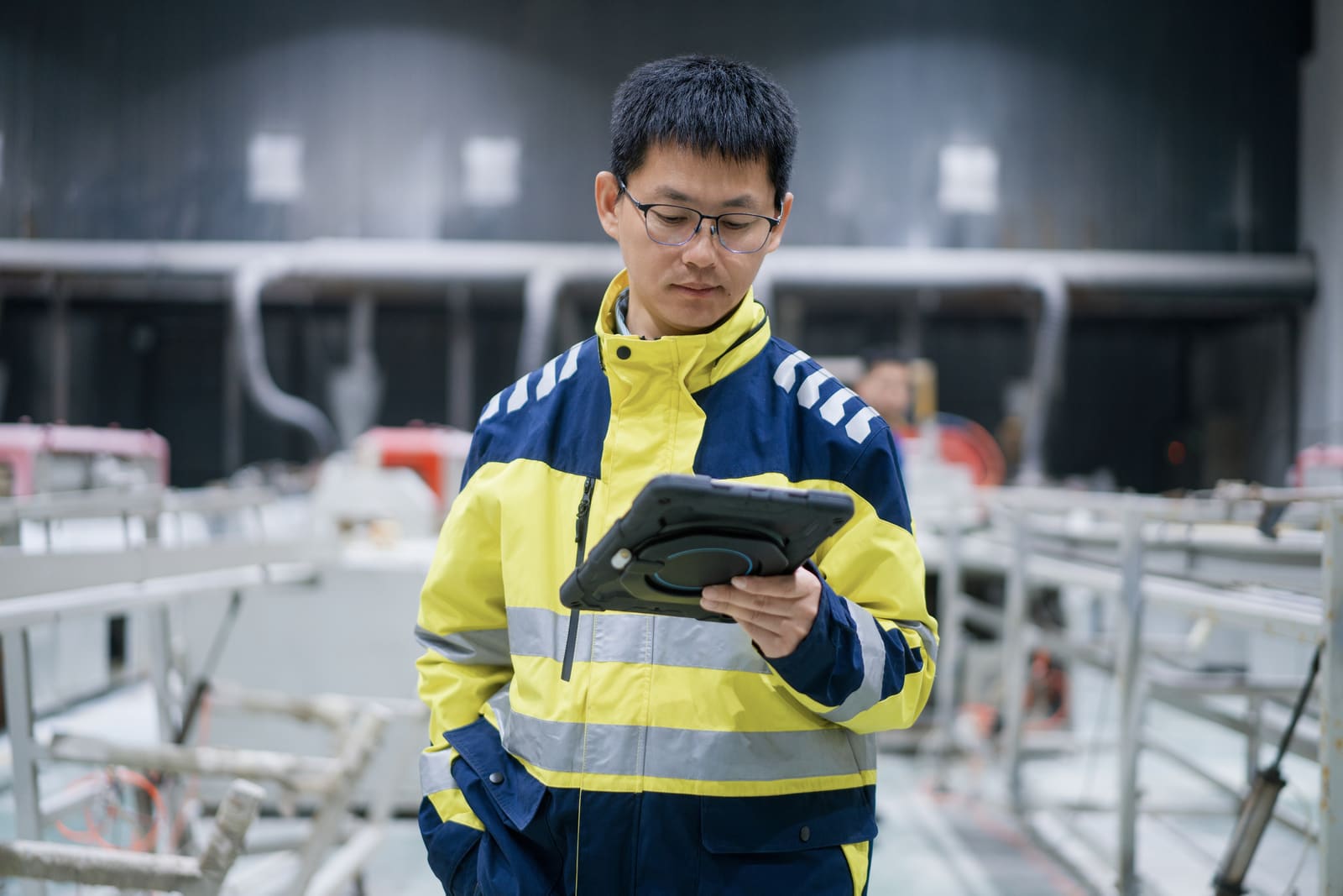 Engineer reviewing systems on a tablet inside an industrial facility