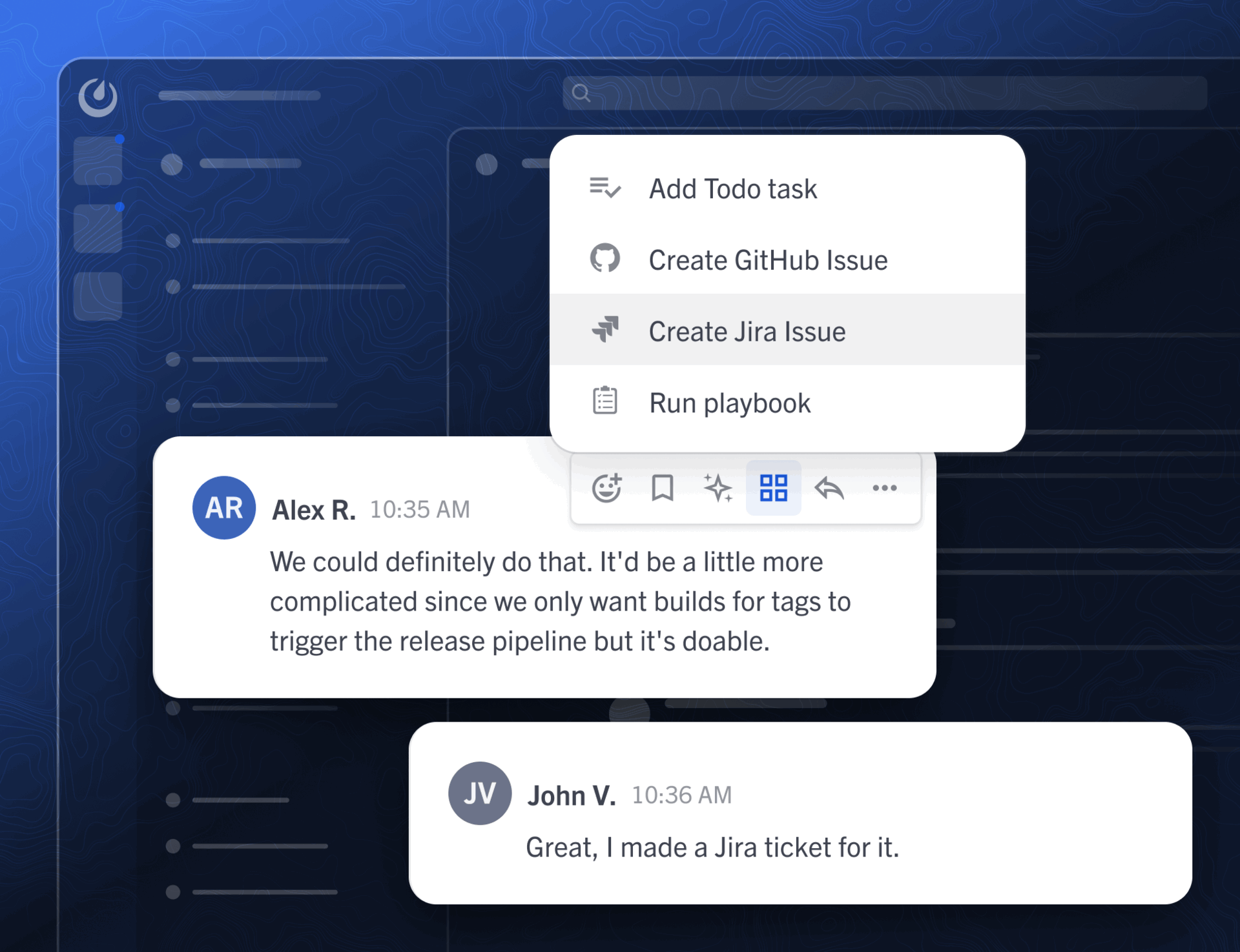 Mattermost integrations menu with Jira workflow actions